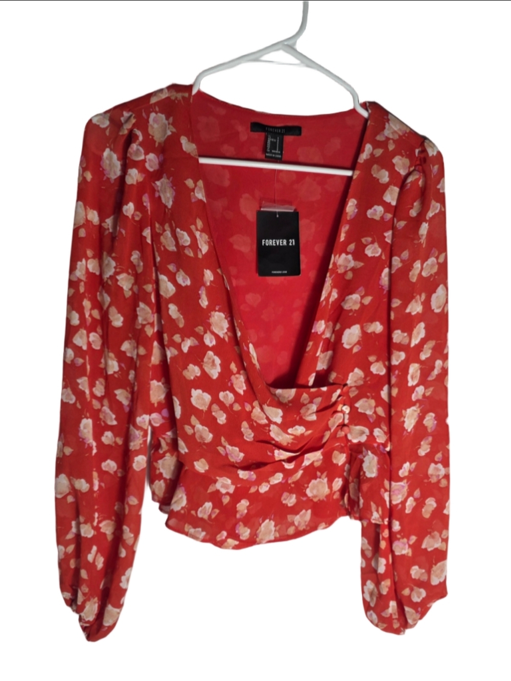 Women's Forever 21 Floral Blouse Size S Red White Long Sleeve cottagecore boho